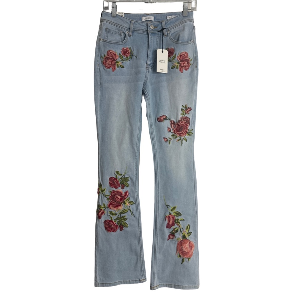 Forever 21 Light Blue Embroidered Floral Boot Cut Jeans